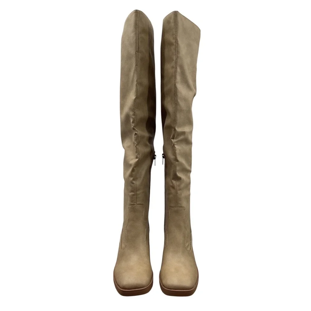 Sun + Stone Vivvii Tan Over The Knee Block Heel Square Toe Boots F42199  6.5